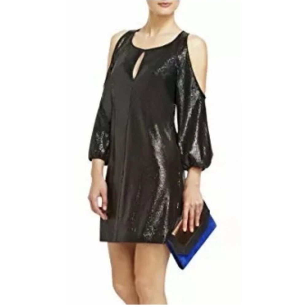 BCBG Max Azria Ecuader Sequin Cold Shoulder Black Mini Dress Size Small‎